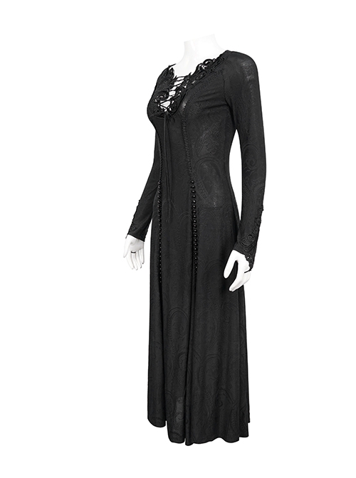 Gothic Style Elastic Dark Knitted Symmetrical Appliqué Lace Up On The Chest With Double-Breasted Black Long Sleeved Dress