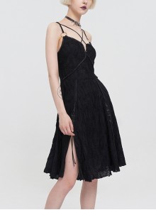 Punk Style Personality Wave Breaking Pleated Knit With Slit Hem Black Adjustable Sleeveless Suspender Dress