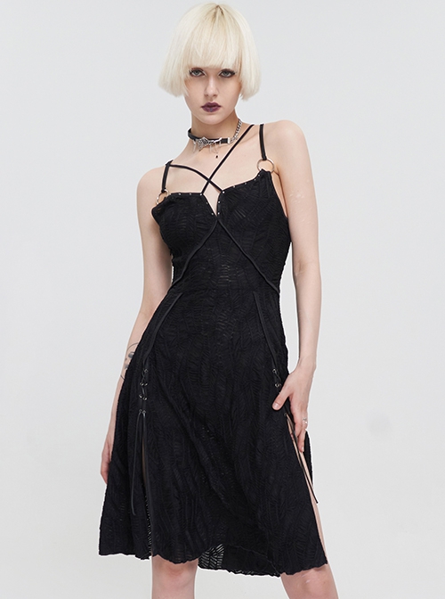 Punk Style Personality Wave Breaking Pleated Knit With Slit Hem Black Adjustable Sleeveless Suspender Dress