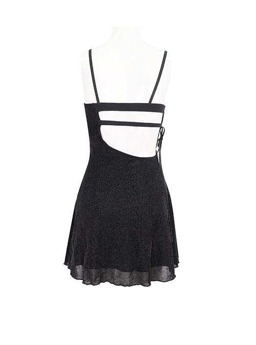 Punk Style Sexy Leopard Print Asymmetric Lace Up Black Adjustable Suspender Backless Dress