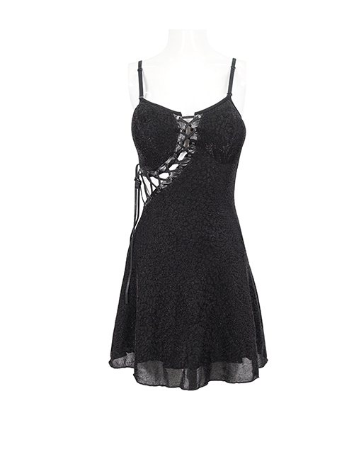 Punk Style Sexy Leopard Print Asymmetric Lace Up Black Adjustable Suspender Backless Dress