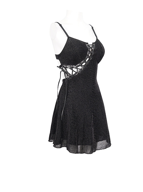 Punk Style Sexy Leopard Print Asymmetric Lace Up Black Adjustable Suspender Backless Dress