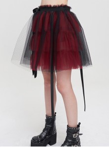 Punk Style Layered Ruffled Mesh Waist With Tie Up Black And Red Skirt