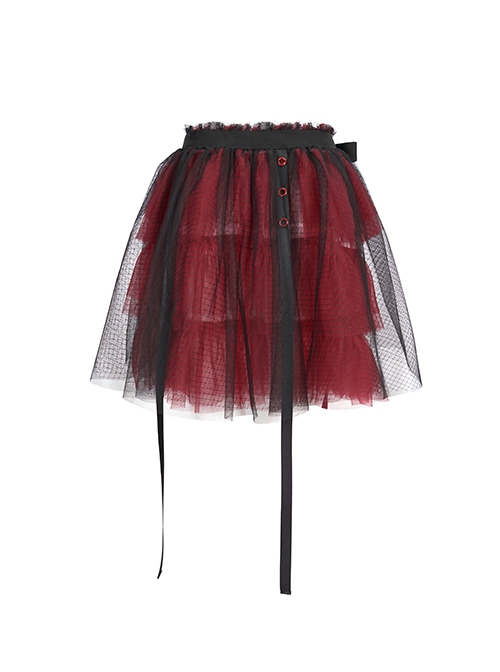 Punk Style Layered Ruffled Mesh Waist With Tie Up Black And Red Skirt