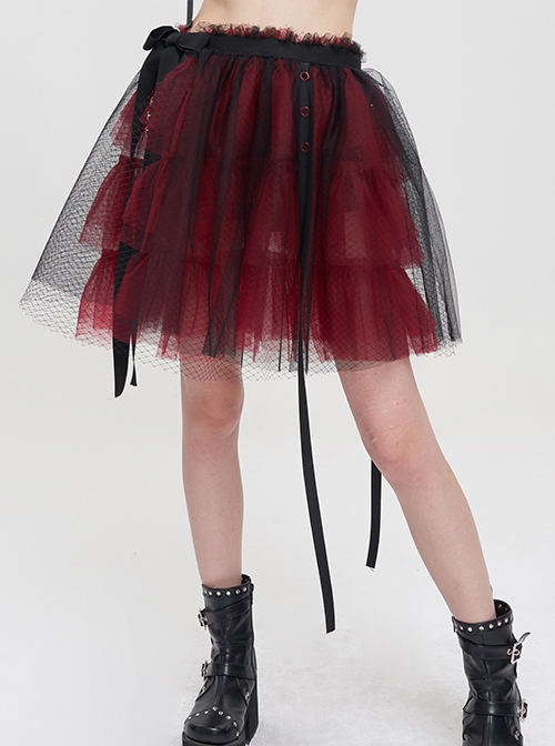 Punk Style Layered Ruffled Mesh Waist With Tie Up Black And Red Skirt