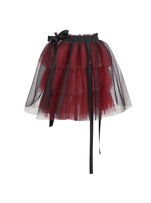 Punk Style Layered Ruffled Mesh Waist With Tie Up Black And Red Skirt