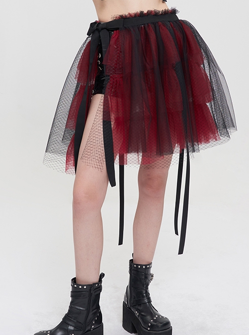 Punk Style Layered Ruffled Mesh Waist With Tie Up Black And Red Skirt