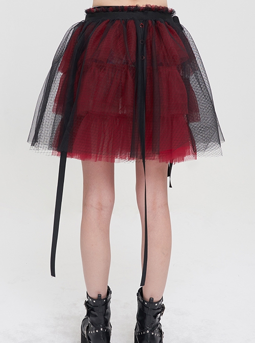 Punk Style Layered Ruffled Mesh Waist With Tie Up Black And Red Skirt