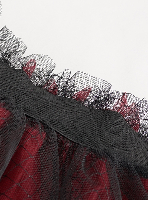 Punk Style Layered Ruffled Mesh Waist With Tie Up Black And Red Skirt