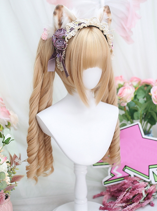 Moon Velvet Series Tsundere Lady Blonde Hair Flat Bangs Roman Roll Dual Horsetail Hairpin Sweet Lolita Wig