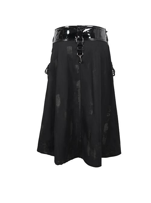 Punk Style Non Elastic Woven Stitching Patent Leather Belt Irregular Metal Buckle Decoration Men's Black Skirt