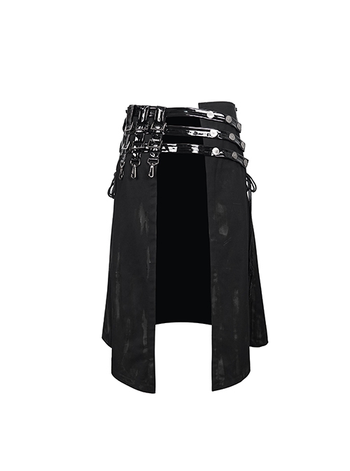 Punk Style Non Elastic Woven Stitching Patent Leather Belt Irregular Metal Buckle Decoration Men's Black Skirt