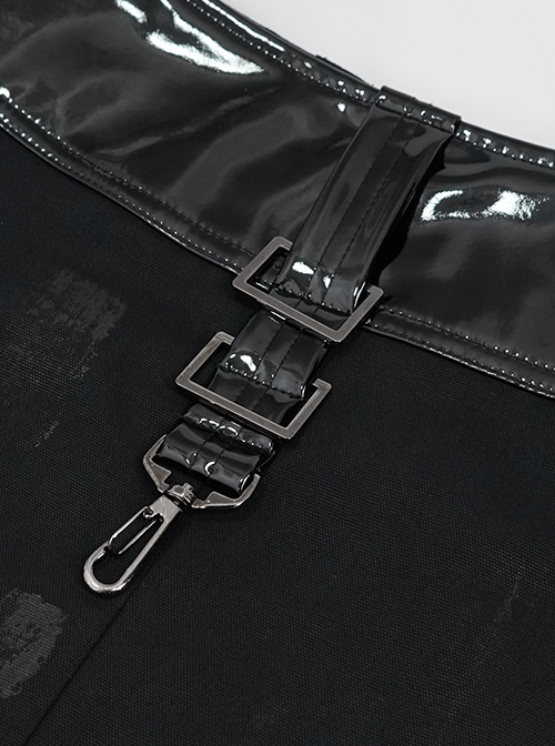 Punk Style Non Elastic Woven Stitching Patent Leather Belt Irregular Metal Buckle Decoration Men's Black Skirt