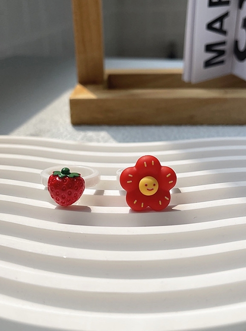 Korean Trendy Retro Cartoon 3D Strawberry Little Red Flower Kawaii Fashion Resin White Rings Set