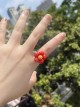 Korean Trendy Retro Cartoon 3D Strawberry Little Red Flower Kawaii Fashion Resin White Rings Set