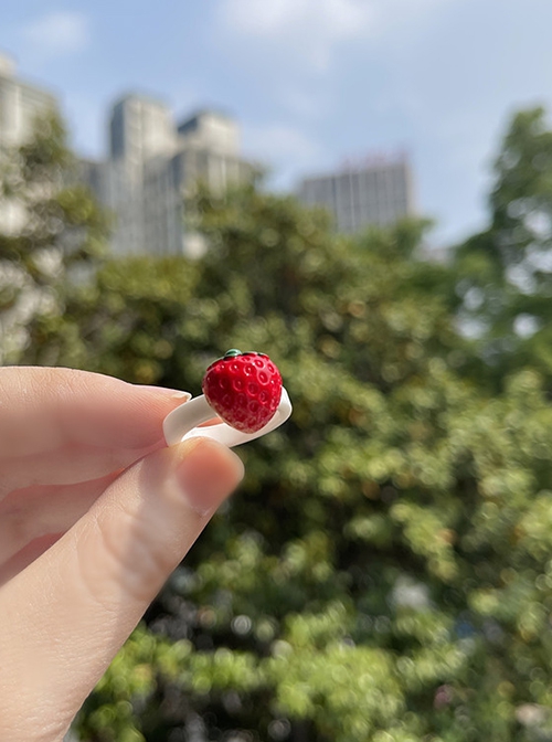 Korean Trendy Retro Cartoon 3D Strawberry Little Red Flower Kawaii Fashion Resin White Rings Set