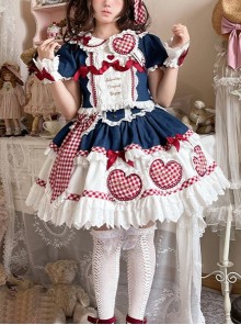 Lovely Lilith Series Fairy Tale Style Blue Red Heart Ribbon Bowknot Snow White Sweet Lolita Puff Sleeves Shirt Skirt Set