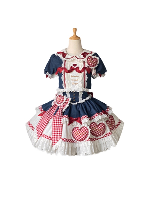 Lovely Lilith Series Fairy Tale Style Blue Red Heart Ribbon Bowknot Snow White Sweet Lolita Puff Sleeves Shirt Skirt Set