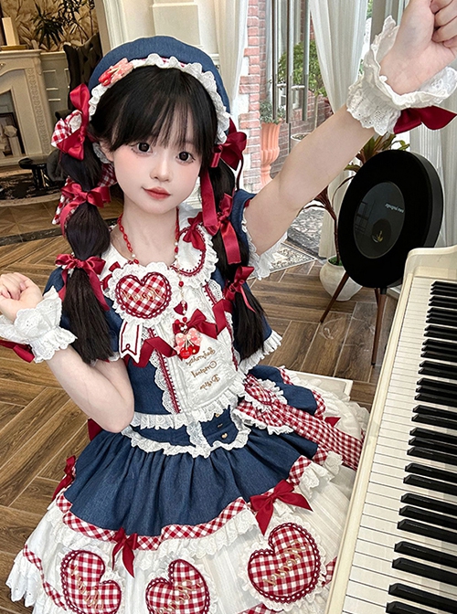 Lovely Lilith Series Fairy Tale Style Blue Red Heart Ribbon Bowknot Snow White Sweet Lolita Puff Sleeves Shirt Skirt Set