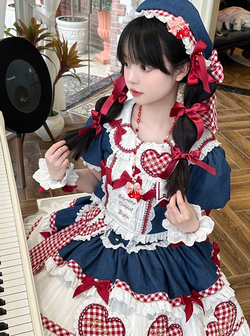 Lovely Lilith Series Fairy Tale Style Blue Red Heart Ribbon Bowknot Snow White Sweet Lolita Puff Sleeves Shirt Skirt Set