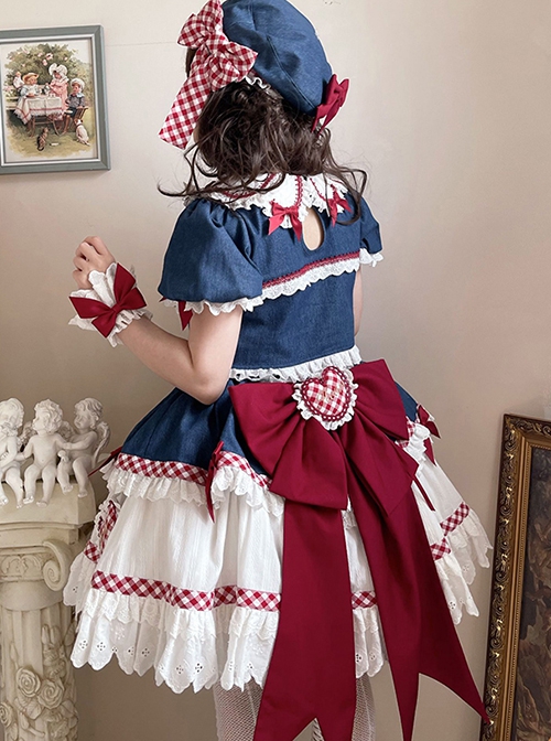 Lovely Lilith Series Fairy Tale Style Blue Red Heart Ribbon Bowknot Snow White Sweet Lolita Puff Sleeves Shirt Skirt Set