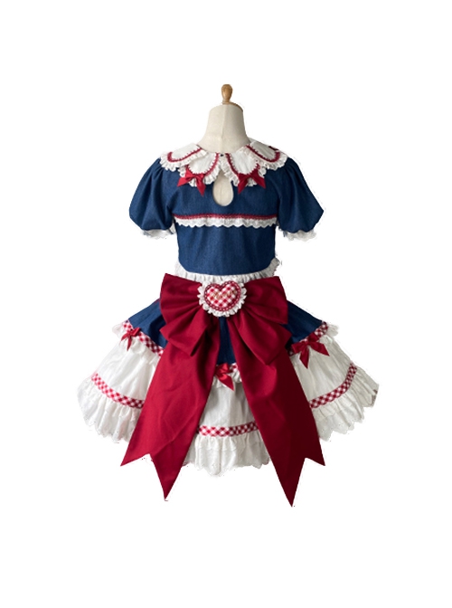 Lovely Lilith Series Fairy Tale Style Blue Red Heart Ribbon Bowknot Snow White Sweet Lolita Puff Sleeves Shirt Skirt Set