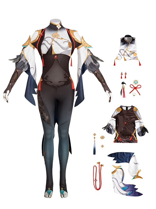 Game Genshin Impact Halloween Cosplay Shenhe Costume Hollow Out Design Bodysuit Full Set