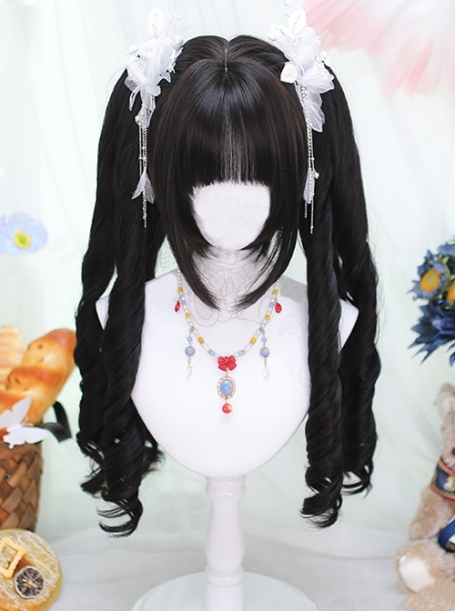 Moon Velvet Series Black Elegant Noble Lady Roman Roll Dual Horsetail Tiger Mouth Clip Sweet Lolita Wig