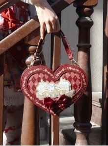 Ribbon Bowknot Rabbit Tea Party Burgundy Checkerboard Sweet Lolita Wine Red Heart-Shaped Handbag