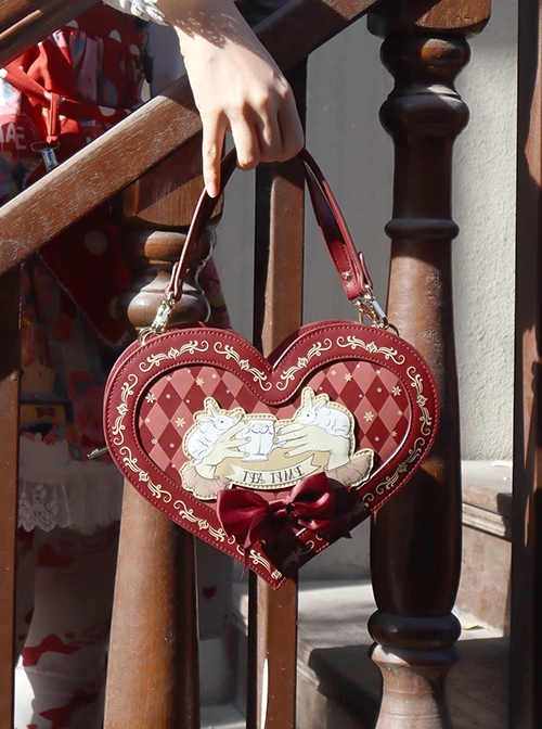 Ribbon Bowknot Rabbit Tea Party Burgundy Checkerboard Sweet Lolita Wine Red Heart-Shaped Handbag