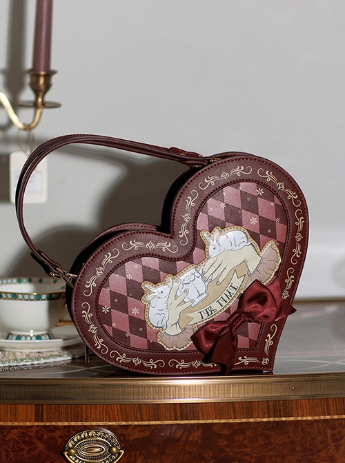 Ribbon Bowknot Rabbit Tea Party Burgundy Checkerboard Sweet Lolita Wine Red Heart-Shaped Handbag