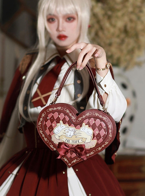 Ribbon Bowknot Rabbit Tea Party Burgundy Checkerboard Sweet Lolita Wine Red Heart-Shaped Handbag