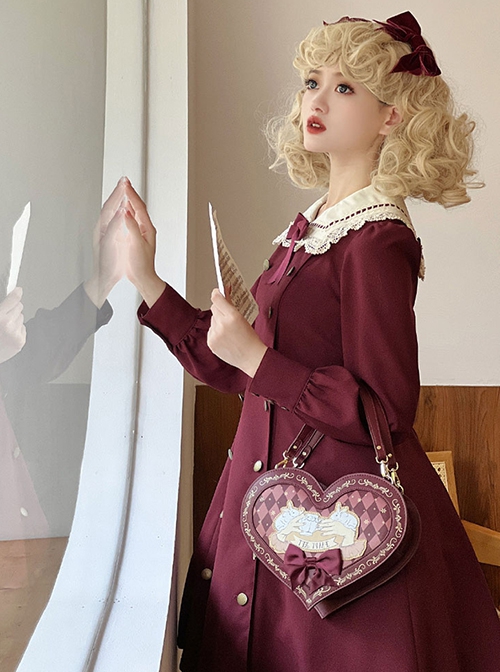 Ribbon Bowknot Rabbit Tea Party Burgundy Checkerboard Sweet Lolita Wine Red Heart-Shaped Handbag