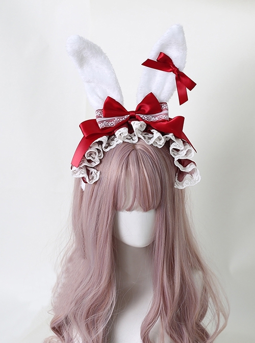 Alice Plush Bunny Ears Fairy Tale Style Cute Lace Ribbon Bowknot Sweet Lolita KC Headband