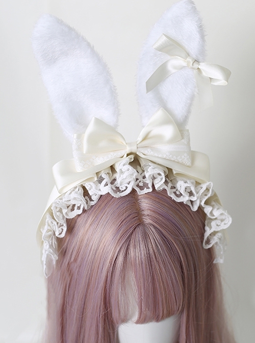 Alice Plush Bunny Ears Fairy Tale Style Cute Lace Ribbon Bowknot Sweet Lolita KC Headband