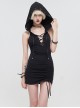 Punk Style Elastic Knitted Front Chest Sexy Cross Straps Slim Backless Black Hooded Sleeveless Dress