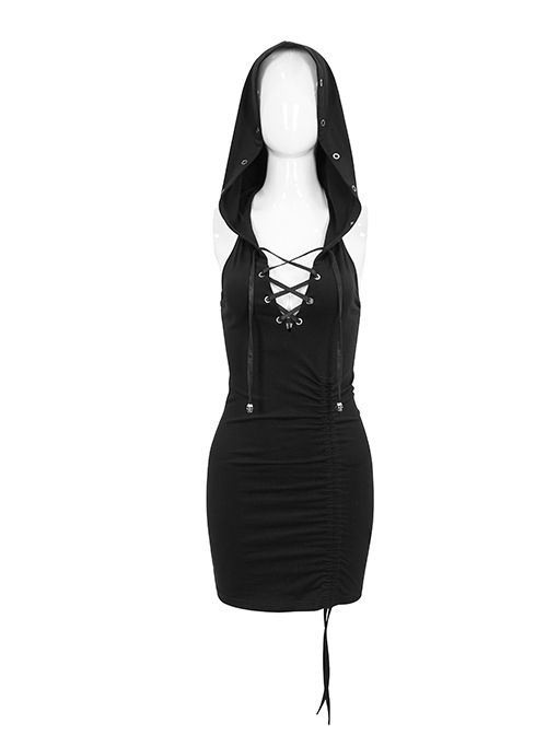 Punk Style Elastic Knitted Front Chest Sexy Cross Straps Slim Backless Black Hooded Sleeveless Dress