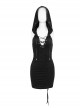 Punk Style Elastic Knitted Front Chest Sexy Cross Straps Slim Backless Black Hooded Sleeveless Dress