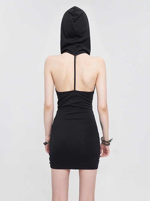 Punk Style Elastic Knitted Front Chest Sexy Cross Straps Slim Backless Black Hooded Sleeveless Dress