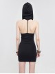 Punk Style Elastic Knitted Front Chest Sexy Cross Straps Slim Backless Black Hooded Sleeveless Dress