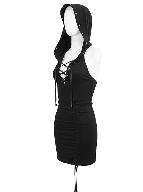 Punk Style Elastic Knitted Front Chest Sexy Cross Straps Slim Backless Black Hooded Sleeveless Dress