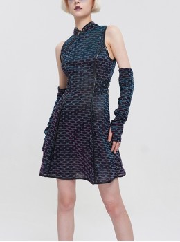 Punk Style Chinese Composite Elastic Cheongsam Mesh Black And Red Sleeveless Stand Collar Dress