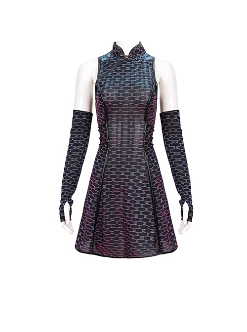 Punk Style Chinese Composite Elastic Cheongsam Mesh Black And Red Sleeveless Stand Collar Dress