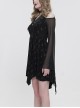 Gothic Style Stretch Cross Print Knit Neckline Exquisite Embroidery Beads Black Flared Sleeves Daily Dress