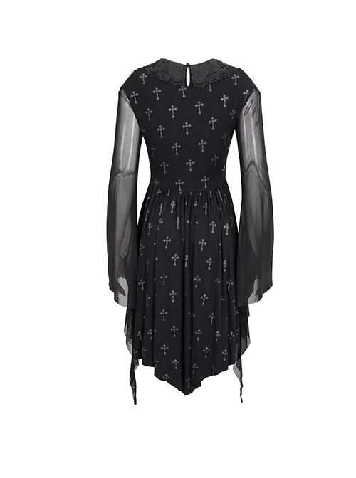 Gothic Style Stretch Cross Print Knit Neckline Exquisite Embroidery Beads Black Flared Sleeves Daily Dress