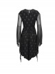 Gothic Style Stretch Cross Print Knit Neckline Exquisite Embroidery Beads Black Flared Sleeves Daily Dress