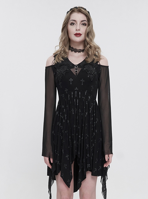 Gothic Style Stretch Cross Print Knit Neckline Exquisite Embroidery Beads Black Flared Sleeves Daily Dress