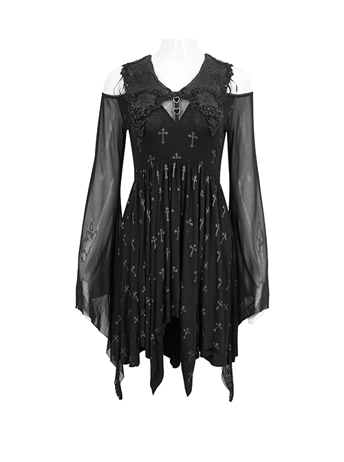 Gothic Style Stretch Cross Print Knit Neckline Exquisite Embroidery Beads Black Flared Sleeves Daily Dress