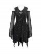 Gothic Style Stretch Cross Print Knit Neckline Exquisite Embroidery Beads Black Flared Sleeves Daily Dress