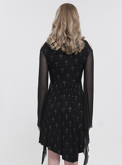 Gothic Style Stretch Cross Print Knit Neckline Exquisite Embroidery Beads Black Flared Sleeves Daily Dress